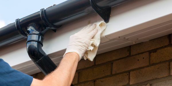 Man cleaning and maintaining plastic or upvc guttering on a house